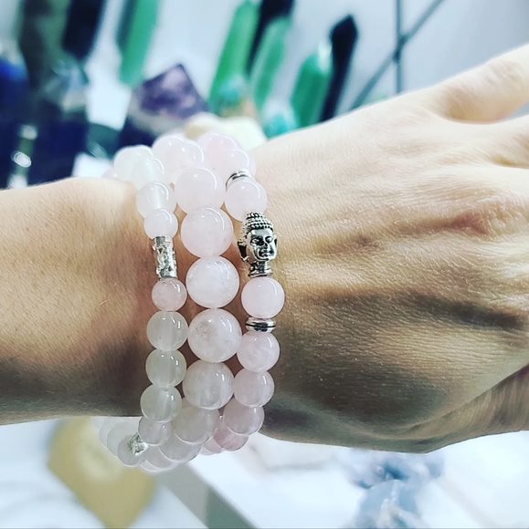 Stack Of 3 bracelets /Rose Quartz, Buddha charm 8 mm, 10 mm - Picture 1 of 3